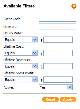 EnterYourHours.com Client Filter Form